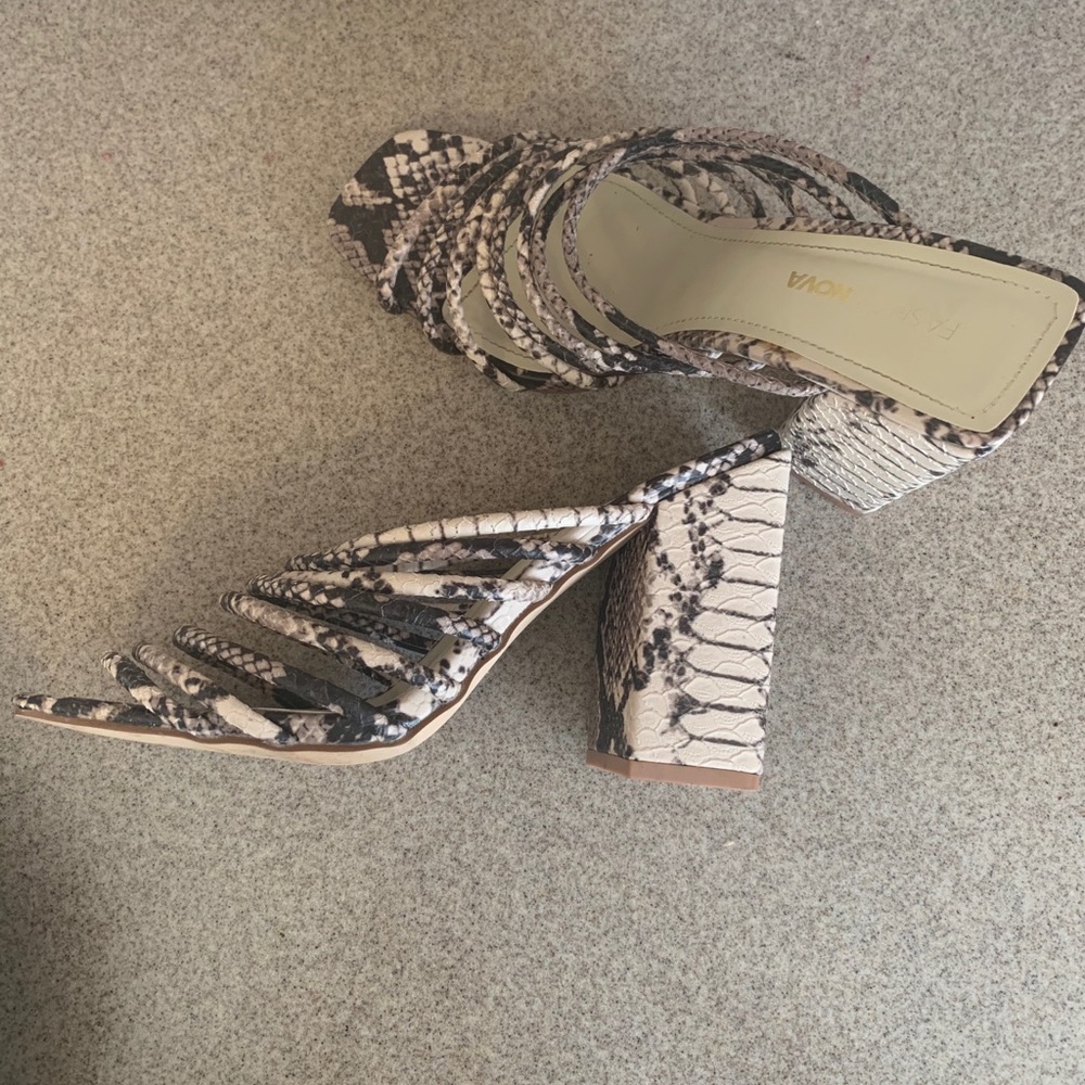 Snakeskin block sandal heels